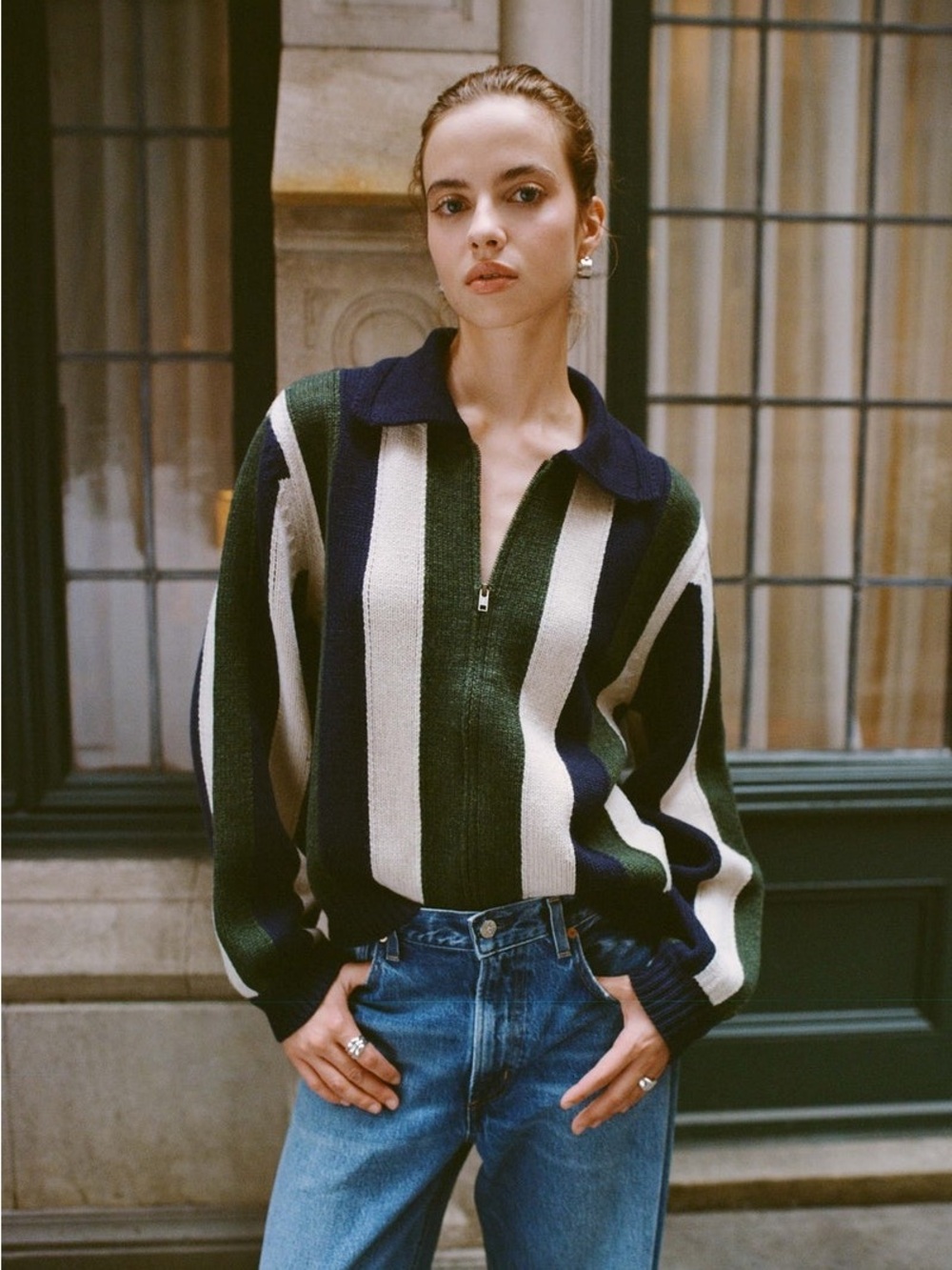 THE GREAT Zip Front Cardigan Striped